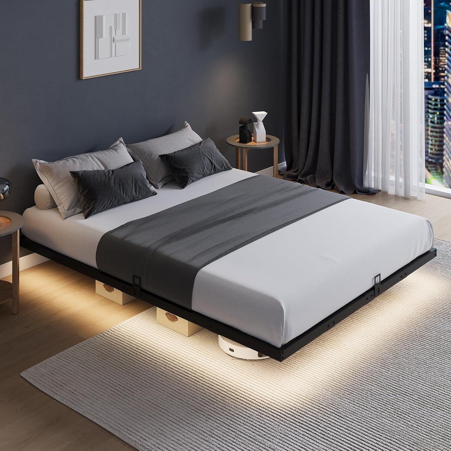 Memory Foam Mattress In A Box Queen - Floating Platform Bed Frame with LED